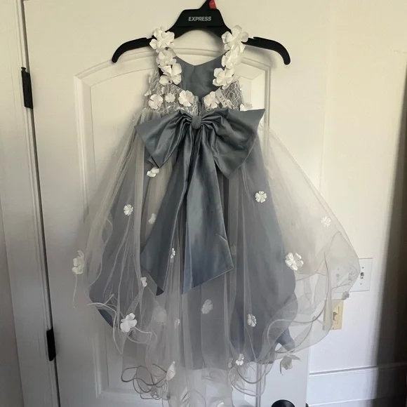 Azazie Kids Floral Dress in dusty blue and White